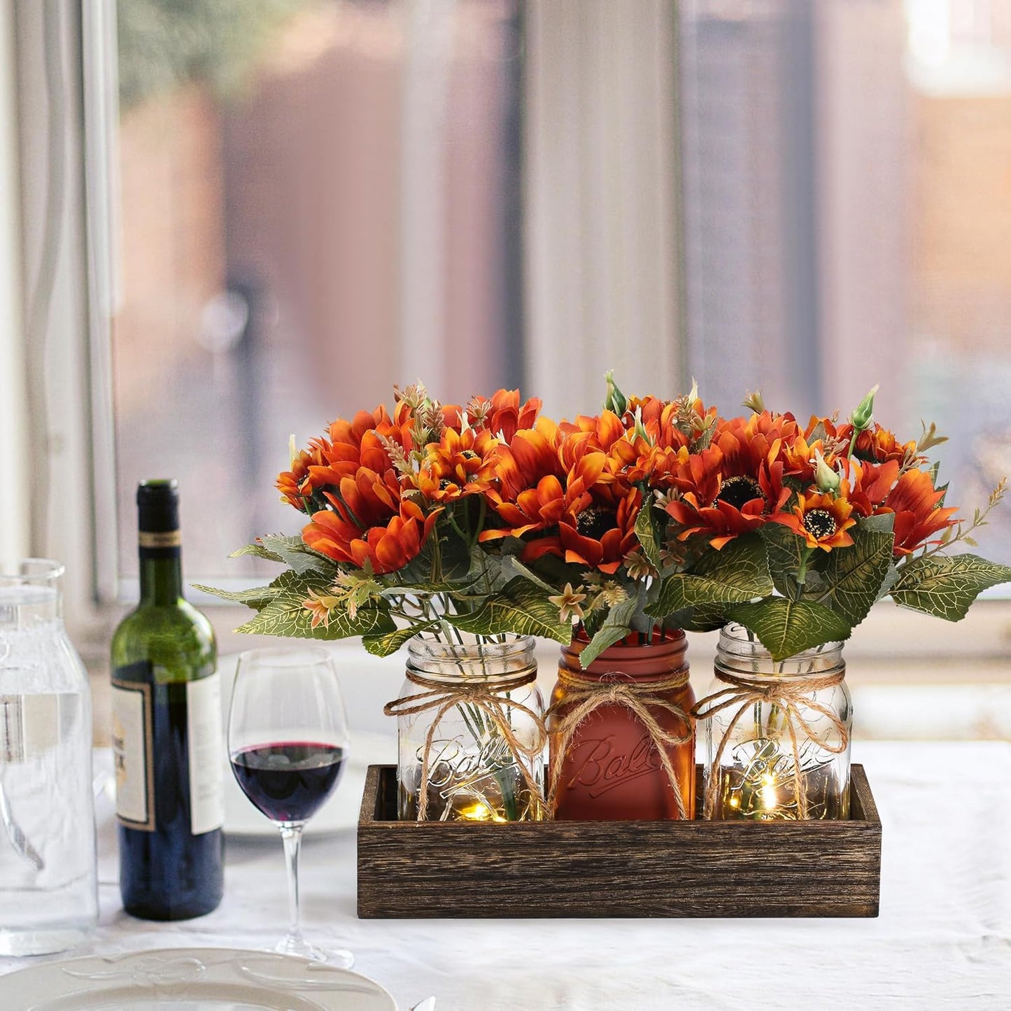 3 Pcs Fall Mason Jar Centerpiece Table Decorations for Dining Table Decor Farmhouse Coffee Table Decor with Wood Tray and Led Light Table Centerpieces for Dining Room Kitchen Living,Orange