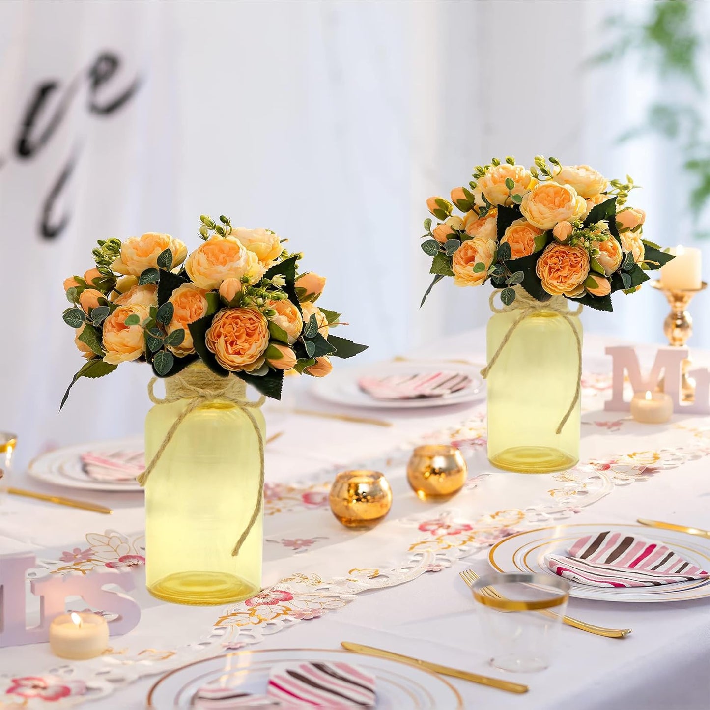 Vintage Glass Flower Vase，6 Pack Gold Amber Farmhouse Glass Centerpiece Vases Mason Jars for Weddings, Parties & Home Decor Bulk (6, Gold)