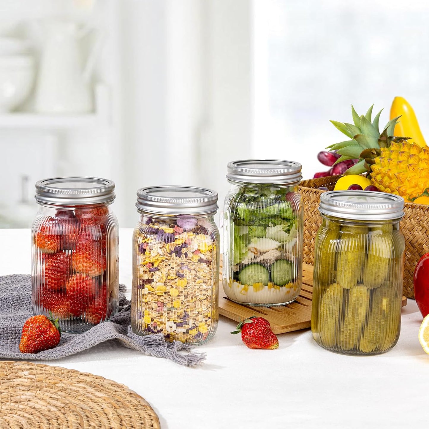 MirthMood 32 OZ Wide Mouth Mason Jars, 6 PACK Glass Mason Jars with airtight Lids, Quart mason jars wide mouth for Fermenting, Pickling, Freezing, Preserving, Meal Prep, Jar Décor