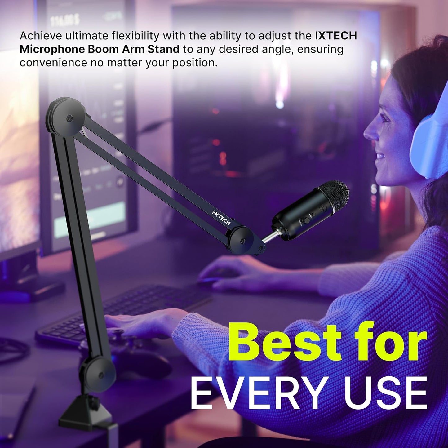 IXTECH Microphone Boom Arm Stand, Heavy Duty Adjustable Mic Stand with Cable Ties, Desk Mount Arm Stand for Gaming Streaming Podcasting.