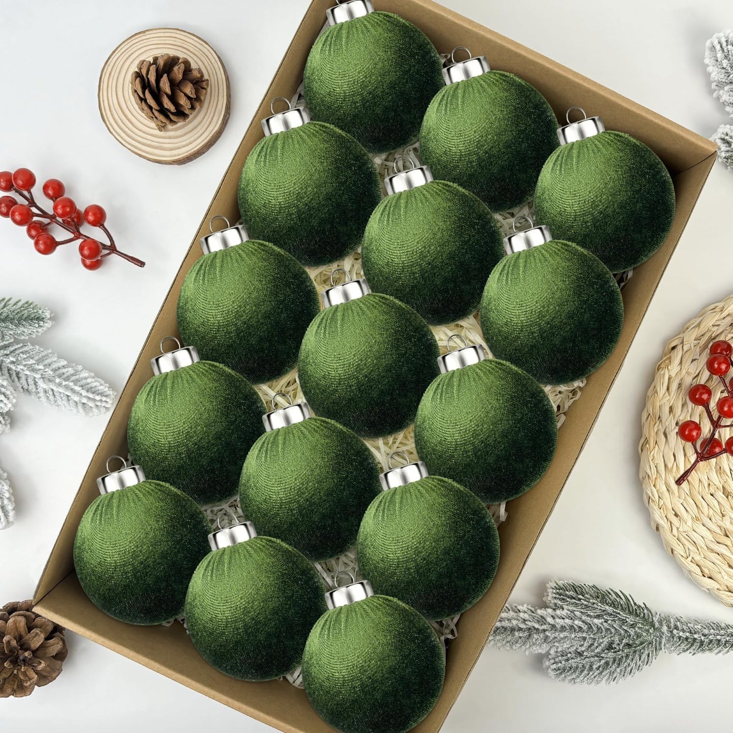 Green Velvet Ornaments for Christmas Tree 15 PCS, Big Neutral Flocked Christmas Bulbs Ornaments Set, Matte Suede Xmas Hanging Baubles Decorations (Sage Green, 3.15 Inch)
