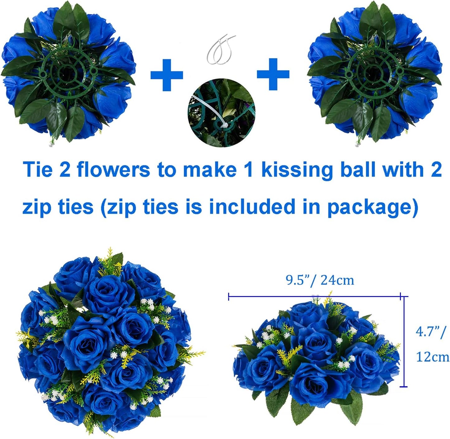 BLOSMON Royal Blue Artificial Flowers: 6 Pcs Fake Roses Flower Ball Centerpieces for Wedding Dinning Table - Faux Silk Kissing Bouquet with Base Floral Arrangement for Home Party Event Decor