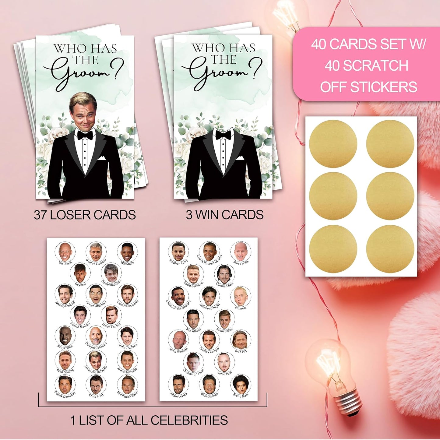 Who Has The Groom Bridal Shower Scratch Off Cards, 41Pcs Funny Floral Wedding Shower Scratch Off Cards, 3.5"x 2.1"Bachelorette Party, Bride Party Supplies Decorations-A01