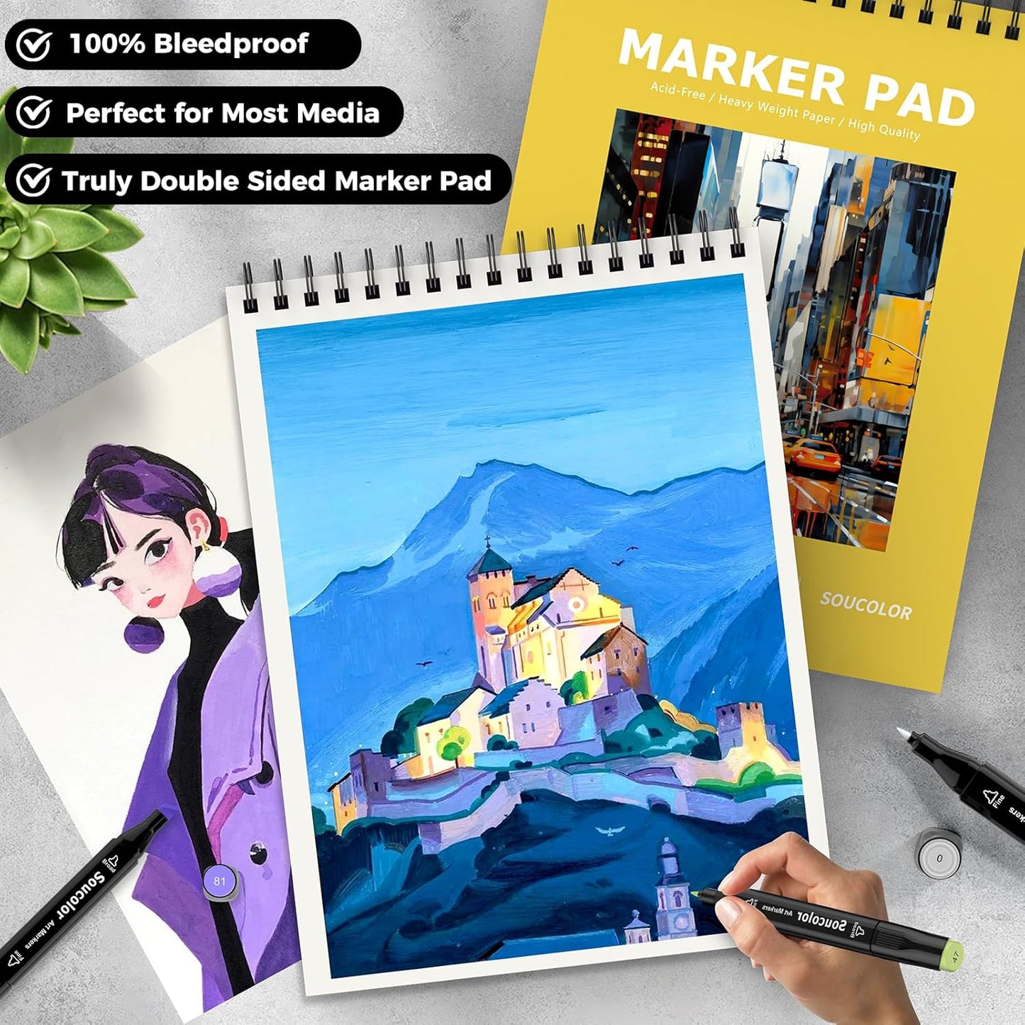 Soucolor 100 Sheets Marker Paper Pad, 9"x12" Bleedproof Art Sketch Pad, 73lb/120gsm Drawing Paper Spiral Sketch Book, Alcohol Marker Paper Painting Coloring Paper for Beginners, Artists, Kids