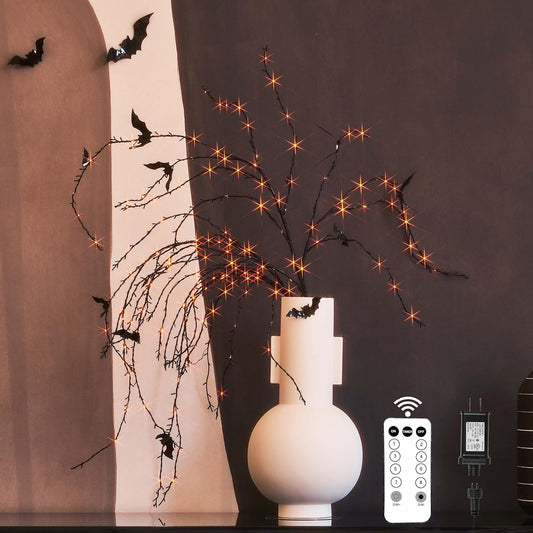LITBLOOM Halloween Tree Branches with Lights 43IN 180 Orange and Warm White Fairy Lights, Lighted Black Weeping Willow Branches with Bats Dimmer and Timer for Home Fall Halloween Decoration