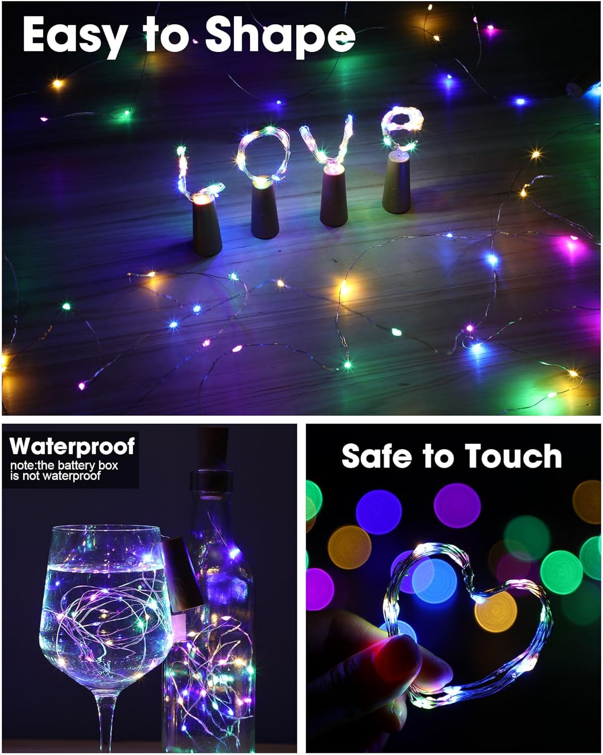 Hortsun 60 Pack Wine Bottle Lights with Cork Fairy Mini String Lights Battery Operated Mini Waterproof 7 ft Silver Wire 20 Led Cork Shape for Christmas, DIY, Party, Decor, Wedding, Bar (Multicolor)