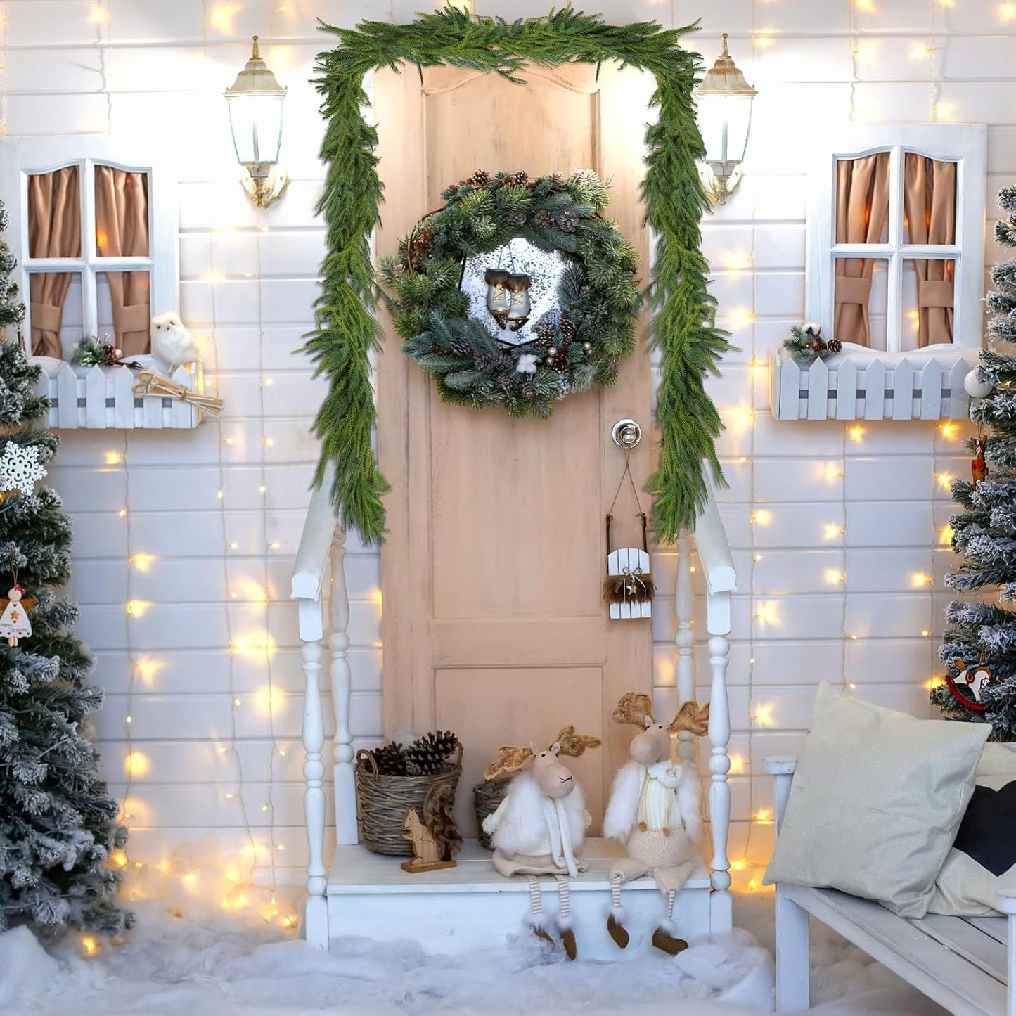 2 Pcs Artificial Norfolk Pine Garlands Christmas, 9 FT Dense Real Touch Winter Pine Garland Ornament, Green Artificial Greenery Garland for Table, Mantle, Wall, Indoor, Outdoor Christmas Decorations