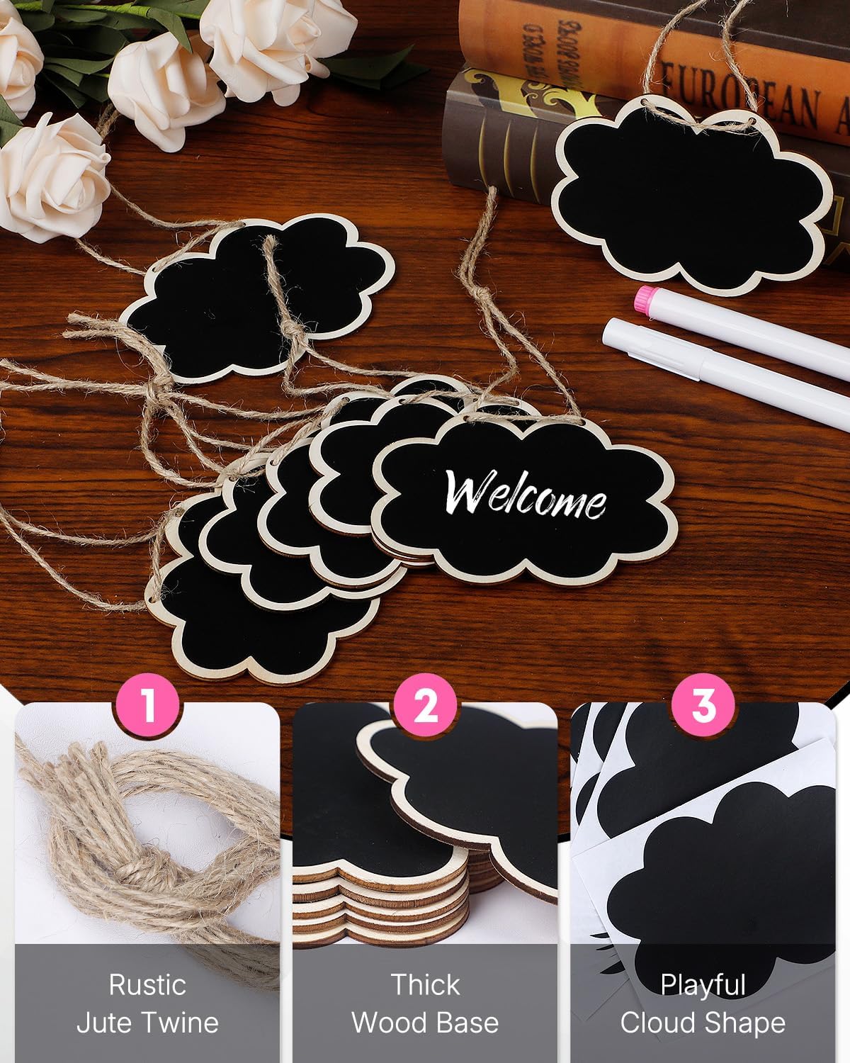 Uniclife 24 Pack Mini Chalkboard Signs for Food, Small Chalkboard Signs with Strings Chalk Markers & Replacement Stickers, Hanging Chalkboards Sign Reusable Wooden Food Labels for Party Buffet Wedding