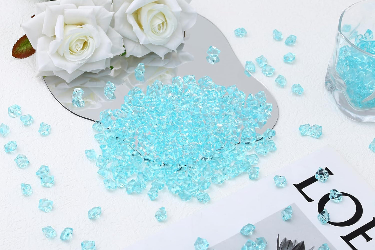 LAIDANLA 500PCS Teal Acrylic Gems Vase Fillers Plastic Diamonds Teal Fake Ice Cubes Fake Crushed Rocks for Centerpiece DIY Party Table Scatter Prop Wedding Decoration Accessories