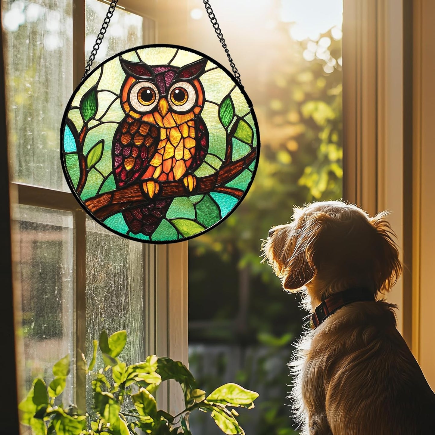 Stained Glass Window Hanging - Owl on a Branch Suncatcher for Doors Window Home Orange Brown Sun Catchers Decor Christmas Mother's Day Birthday Gifts for Teacher Women Men Mom Nana 11.8 in