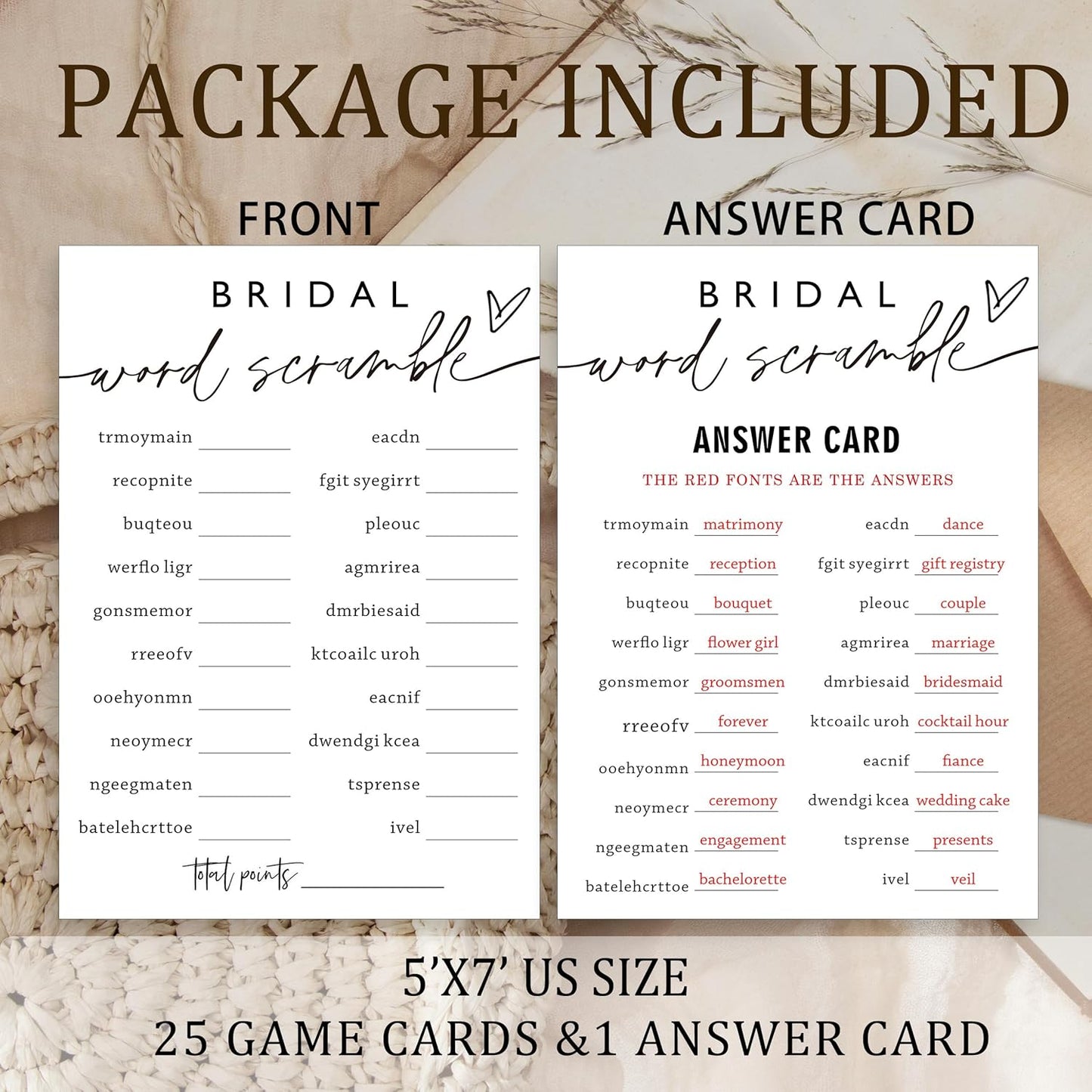 Fun Wedding Shower Games Bridal Word Scramble who knows the bride best 25 Game Cards with 1 Answer Card Bridal Shower Game Rustic Ideas Activity for Engagement Wedding Party Entertainment - A03