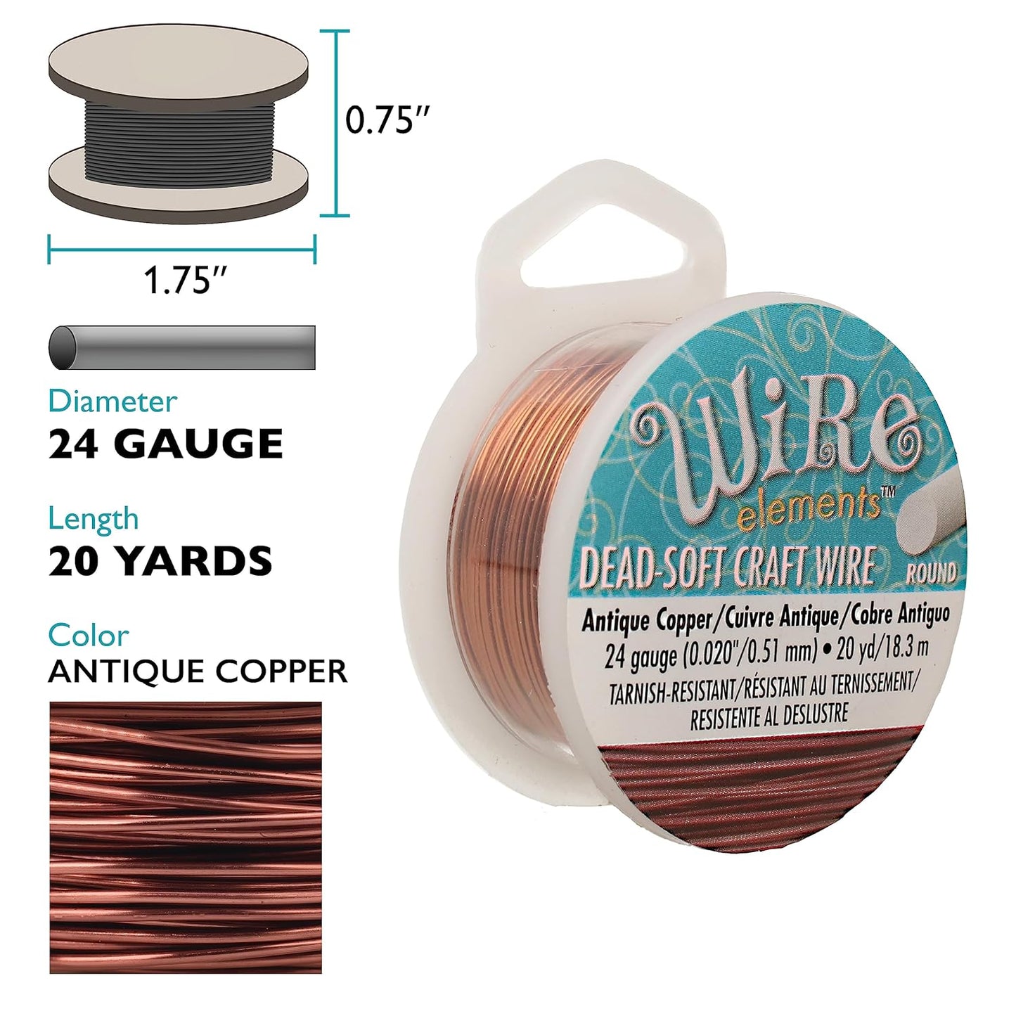 The Beadsmith Wire Elements Craft Wire – Tarnish Resistant, Soft Temper, Round, Antique Copper Color – 0.51mm, 24 Gauge, 20 Yard Spool – Jewelry Making, Wire Wrapping, Floral, & Other DIY Crafts