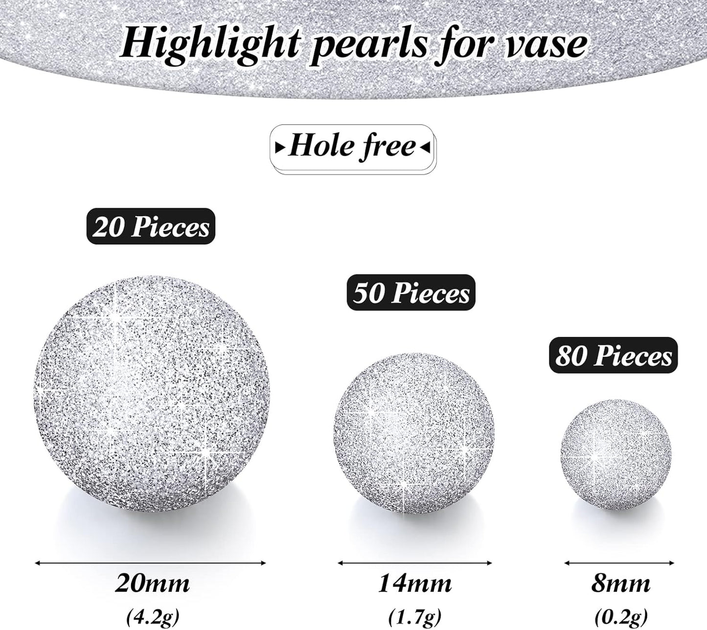 150 Pieces Vase Filler Faux Pearls Vase Makeup Beads No Hole Gloss Bead Mixed Sizes Round Pearl for Home Party Wedding Decor, 8/14/20 mm(Glitter Silver)