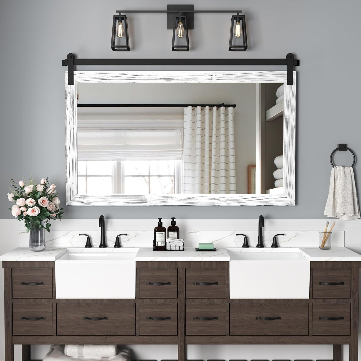 COGOOD Farmhouse Bathroom Mirror - 49 x 30 Rustic Wood Framed Wall Barn Door Mirror for Entryway, Living Room, Entryway Wall Decor (White)