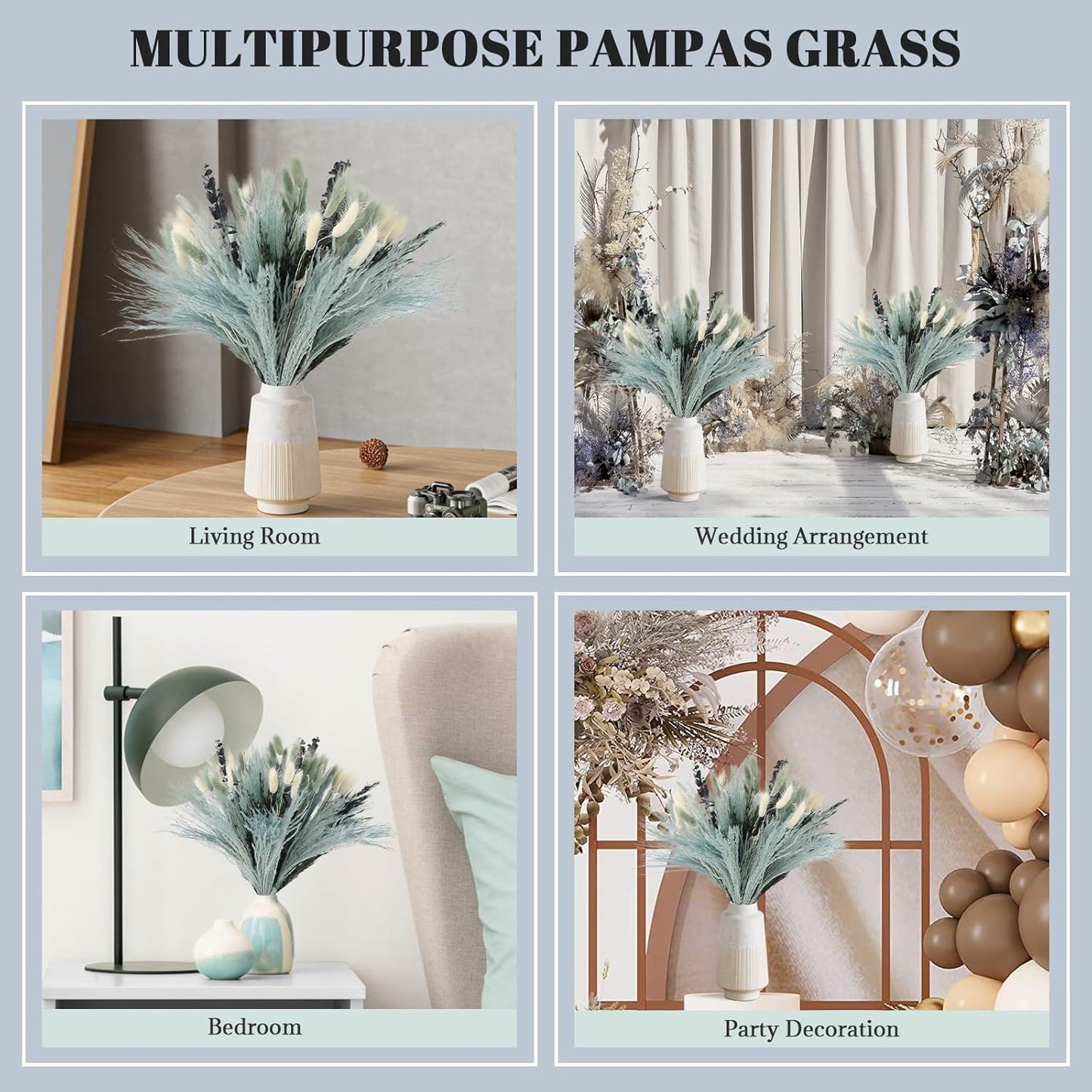 N&T NETING 100Pcs Grey Pampas Grass Decor Natural Dried - Gray Pampas Grass Bunny Tails Eucalyptus Leaves Gray Flowers for Centerpieces Rustic Living Room Home Wedding Boho Modern Decor(17.5 Inch)