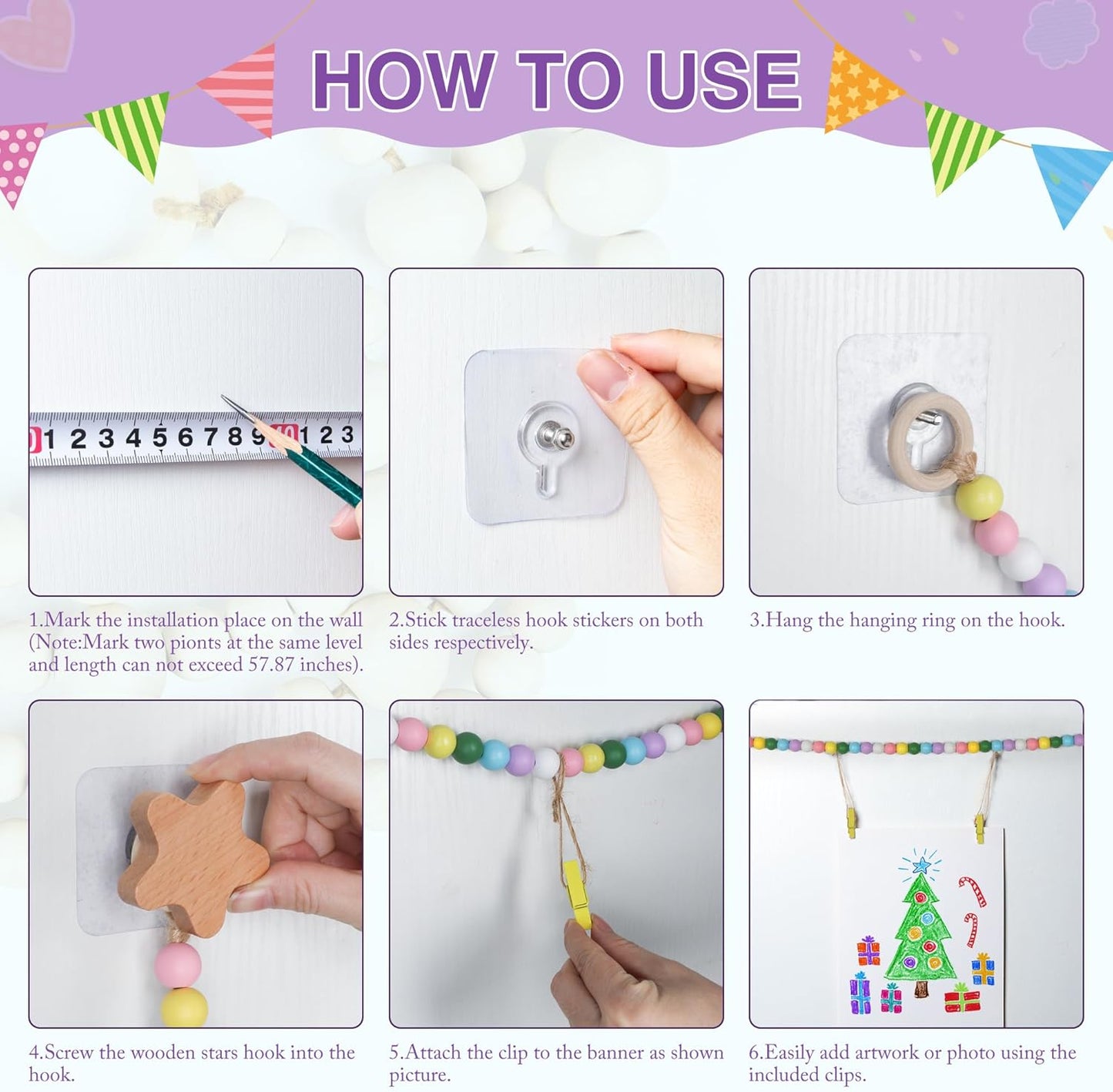 Kids Artwork Display Art Wall Decor 4.93ft Boho Wooden Beaded Garland Collage Holder with Hanging Rings Wooden Stars Hook 40 Wood Clips for Kids Artwork Photo Room Bedroom Decor Colorful