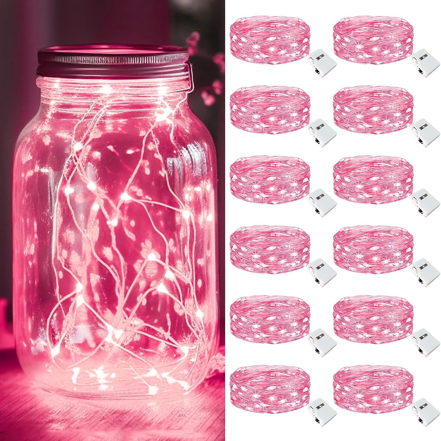 kolpop 12 Pack LED Fairy Lights Battery Operated, Mini Twinkle String Lights Battery Powered Waterproof for Christmas Mason Jars Party,Pink