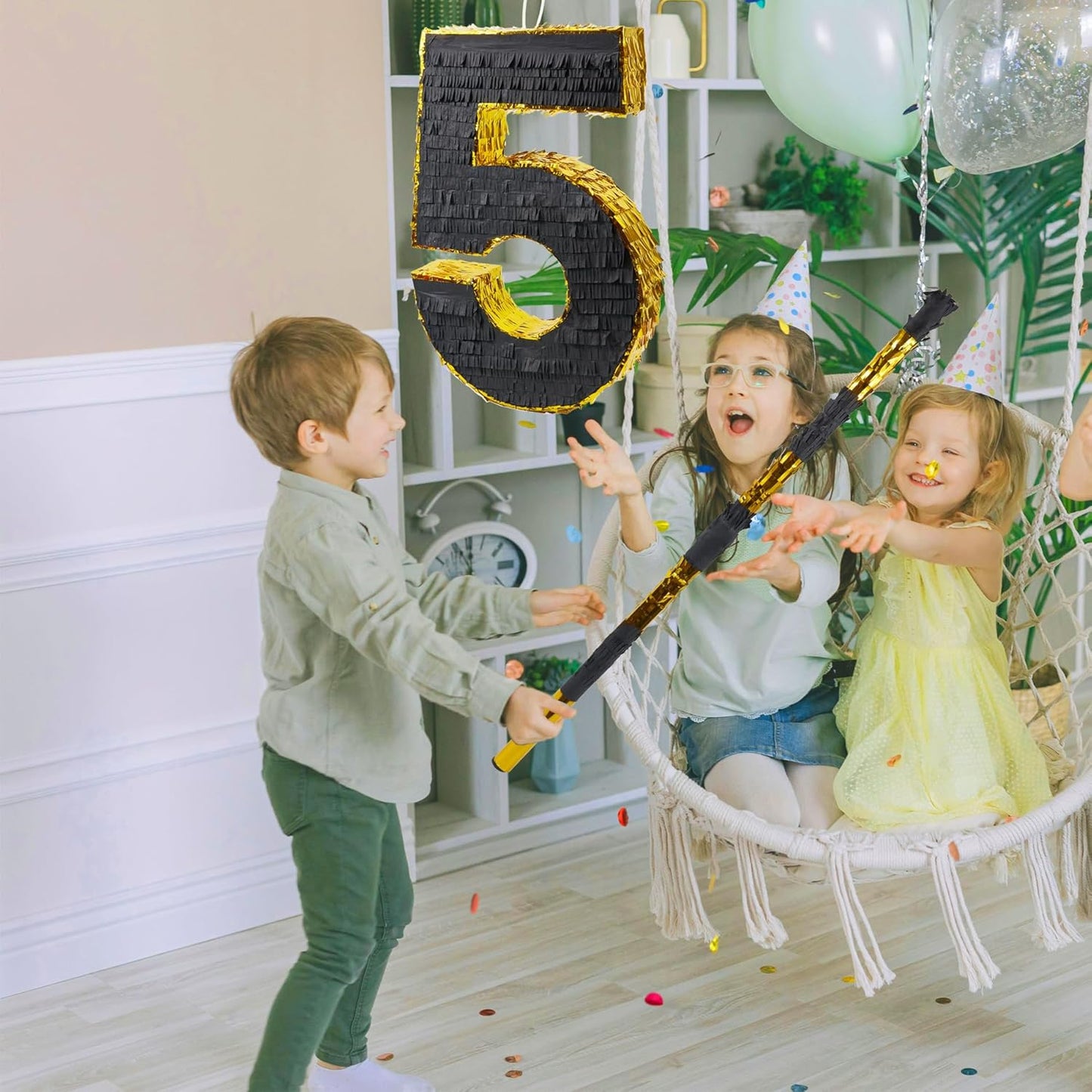 PCFING 20 Inch Number 5 Piñata Gold Black with 30 Inch Piñata Stick Blindfold Confetti for Man Women Boys Girls Birthday Party Decorations, Anniversary Celebration, Fiesta