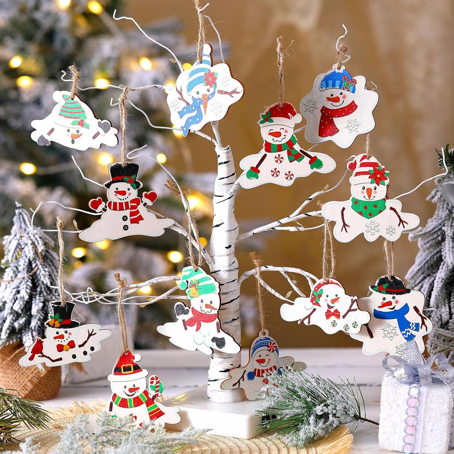 Suzile 36 Pcs Christmas Wooden Ornaments Melting Snowman Style Hanging Decor Cartoon Christmas Tree Hanging Decoration Melting Snowman Pattern for Xmas Home Winter Party