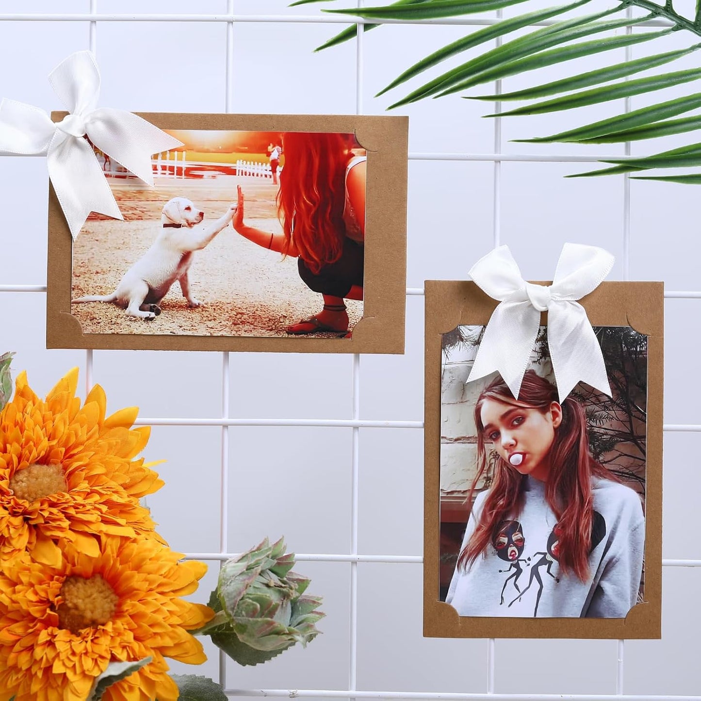 50 Pack 4x6 Magnetic Picture Frames for Refrigerator | Paper Picture Frame with Bowtie | Magnetic Photo Holders for Wire Wall Grid Panel, Locker, Classroom,Wedding,Homes, Decor - Khaki