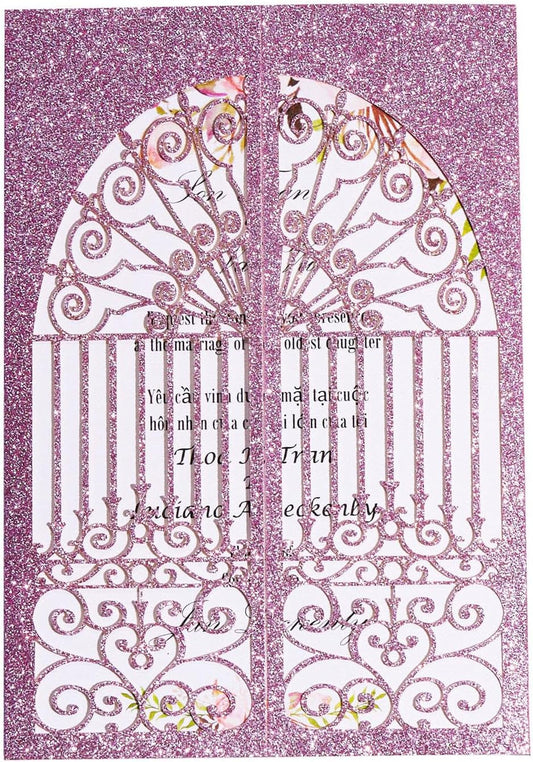 Personalized Wedding Invitations with Envelopes and RSVP Cards Blank 25pcs Light Purple Glitter Laser Cut Invitation Pockets for Wedding Bridal Shower Birthday Quinceañera Anniversary