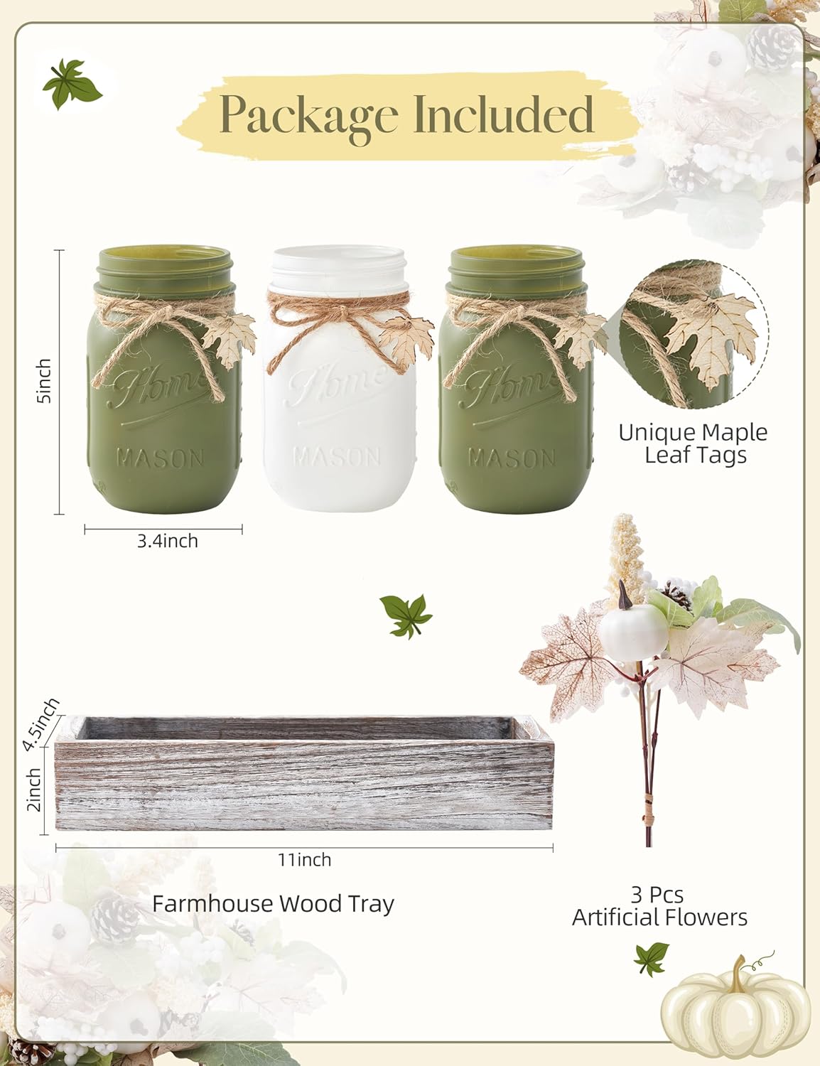 Fall Thanksgiving Table Decor, Centerpieces for Tables with Mason Jar, Fake Flowers, Wood Tray, 16 Pcs Pumpkin Fall Thanksgiving Centerpieces Table Decorations for Home, Farmhouse Kitchen Decor