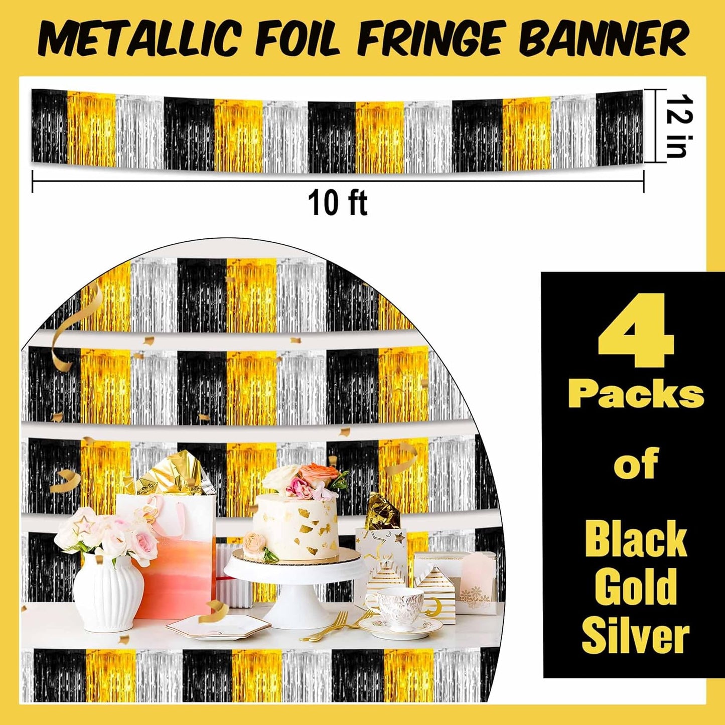 4 Pack 10 Ft Black Gold Silver Foil Fringe Garland Metallic Streamers Tinsel Banner Wall Hanging Garland Backdrop for Parade Floats, Halloween, Christmas, Thanksgiving, New Year Party Decorations