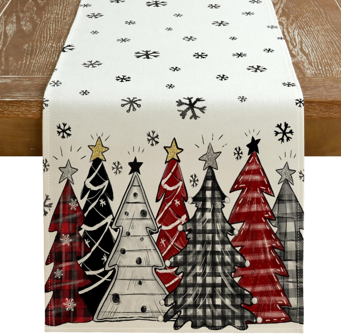 GEEORY Christmas Table Runner 13x108 Inch, Xmas Tees Snowflakes Holiday Decorative Farmhouse Table Decoration for Kitchen Dinning, Indoor Outdoor Dinner Party Decor ((Red & Black) GT165-108
