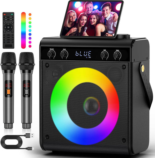 Karaoke Machine, Portable Bluetooth Speaker with 2 Wireless Microphones for Adults & Kids - PA System, LED Lights, Bass/Treble Control, AUX/USB/TF/FM for Home Party Outdoor Singing