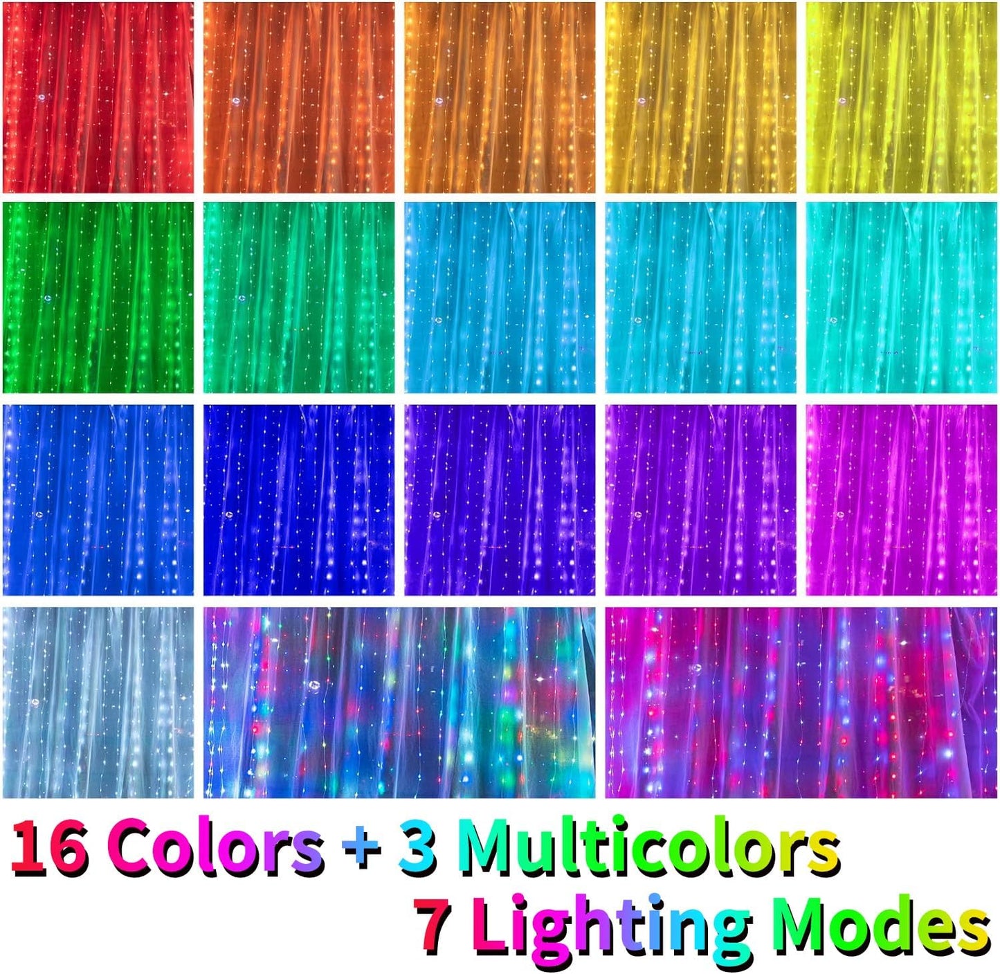 16 Colors Changing Curtain Lights - 250 LED 9.8 X 8.8 FT Fairy String, 7 Modes Twinkle with Remote, Backdrop Wall Hanging Dripping for Bedroom Backyard Halloween Christmas Decor