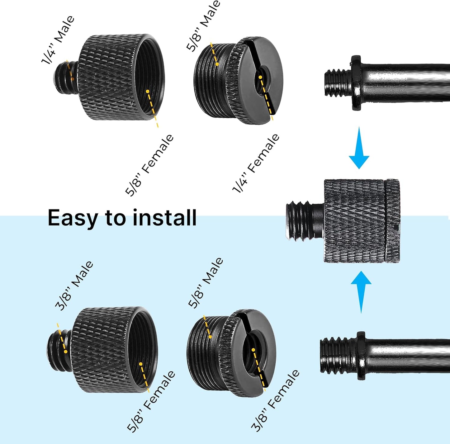 IXTECH Mic Stand Adapter Set 8 pieces Metal Microphone Stand Screw Thread Adapter 5/8 Female to 3/8 Male 3/8 Female to 5/8 Male 5/8 Female to 1/4 Male 1/4 Female to 5/8 Male Tripod Adapter ADP03 Black