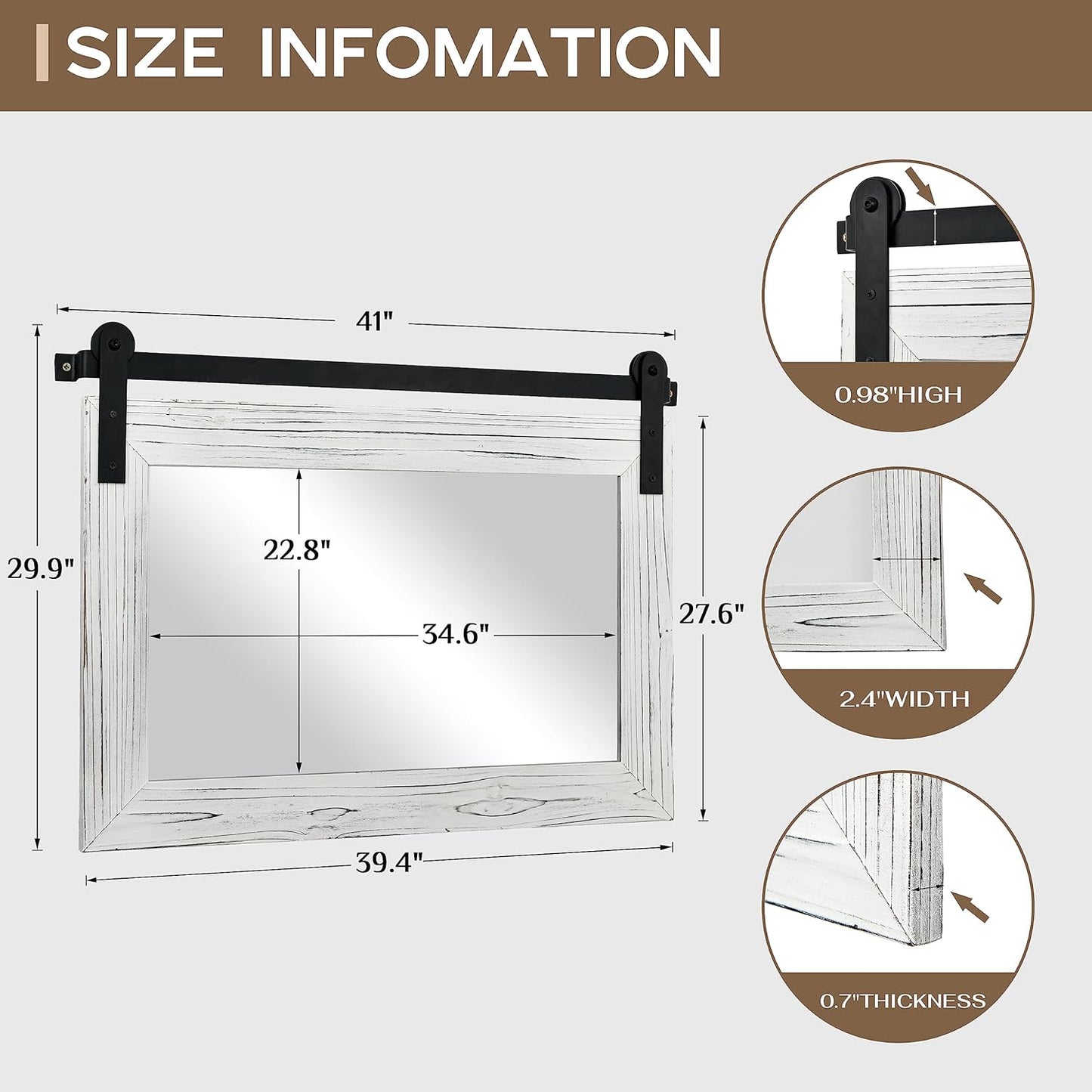 COGOOD Farmhouse Bathroom Mirror - 41" x 30" Rustic Barn Door Mirror for Living Room, Entryway, Bedroom, Vanity Wall Decor (White)