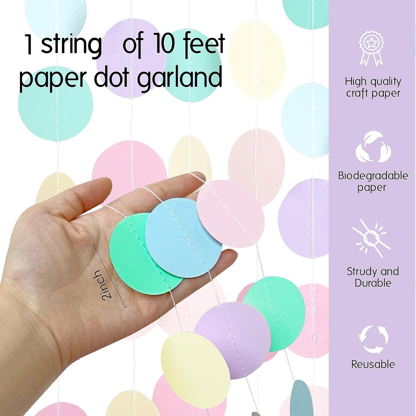 Circle Dots Paper Party Garland Streamer Backdrop (10 Feet Long) - Rainbow Pastel