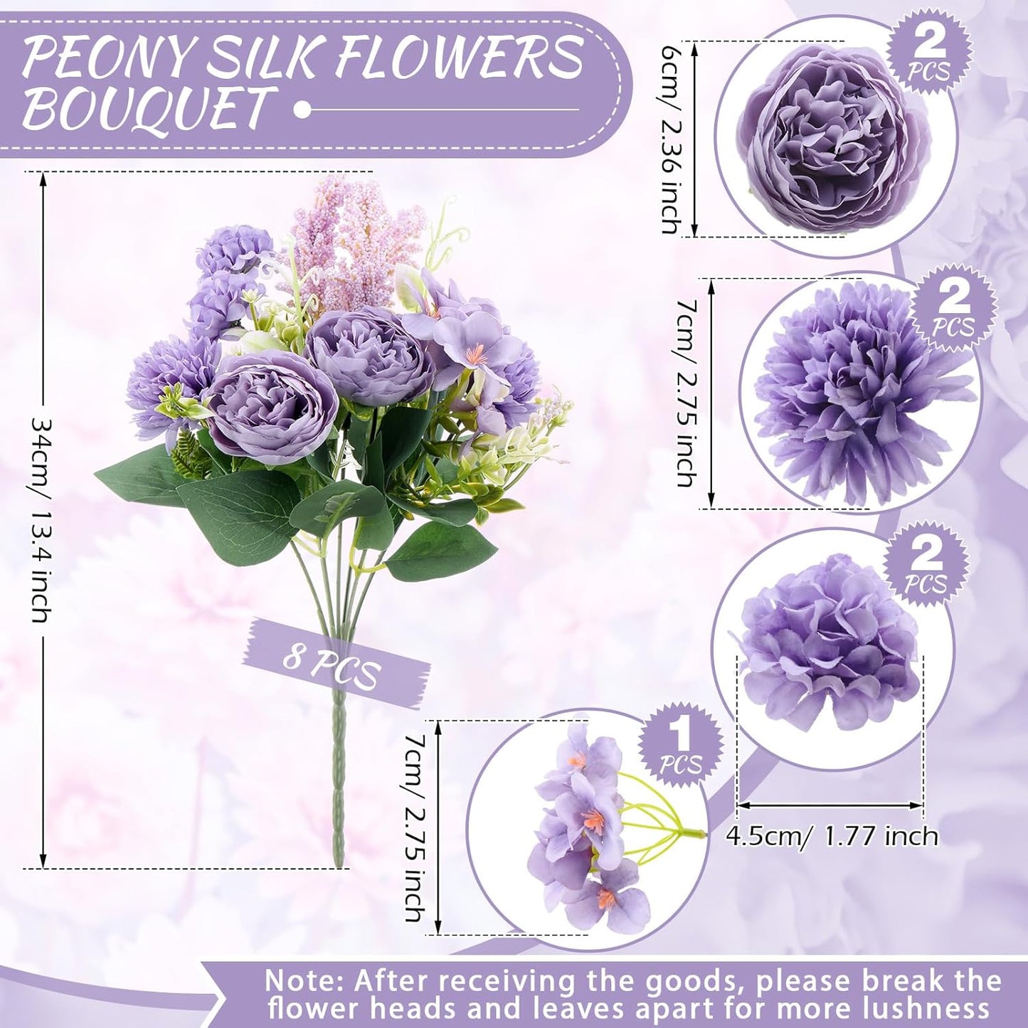 Zeyune 8 Pcs Wedding Silk Flowers Fake Silk Flowers Faux Bouquet Hydrangea Bouquets for Wedding Birthday Party Table Centerpieces Home Decoration(Purple,Peony)