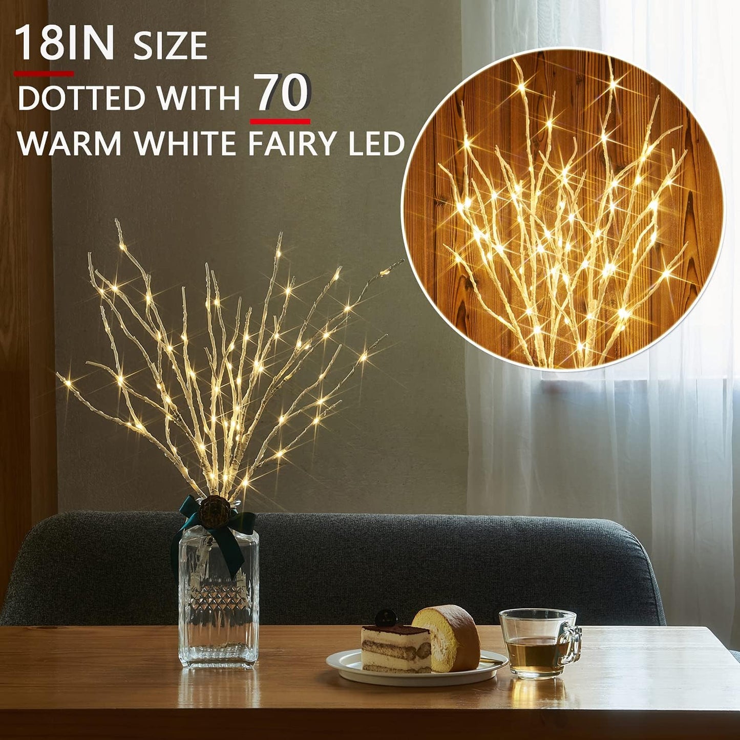 Fudios Lighted Birch Branches 18IN 70 White Willow LED with Timer Battery Operated for Christmas Party Wedding Decoration Twig Lights Outdoor