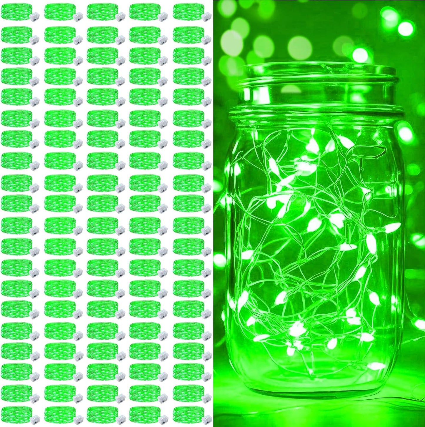 pozzolanas 100 Pack Green Battery Operated String Lights - 7ft Waterproof Firefly Lights with 20 LEDs for Home, Mason Jar, Party, Wedding, Halloween, Christmas Decorations
