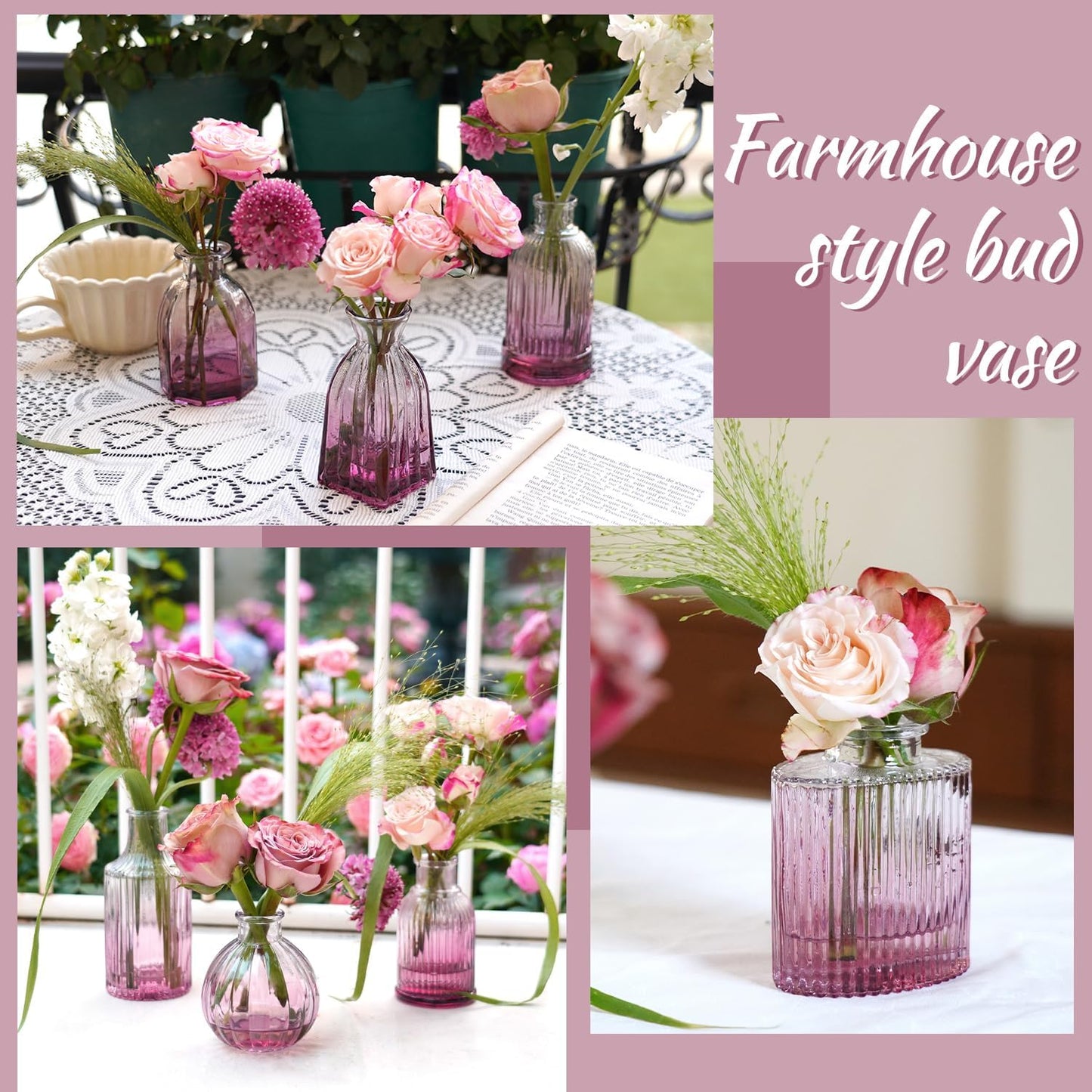 Bud Vases Set of 12, Small Purple Vase Glass Vases for Flowers Vintage Ribbed Colored Wedding Flower Vase for Decor in Bulk Decor Bridal Shower Centerpieces Home Table Decoration