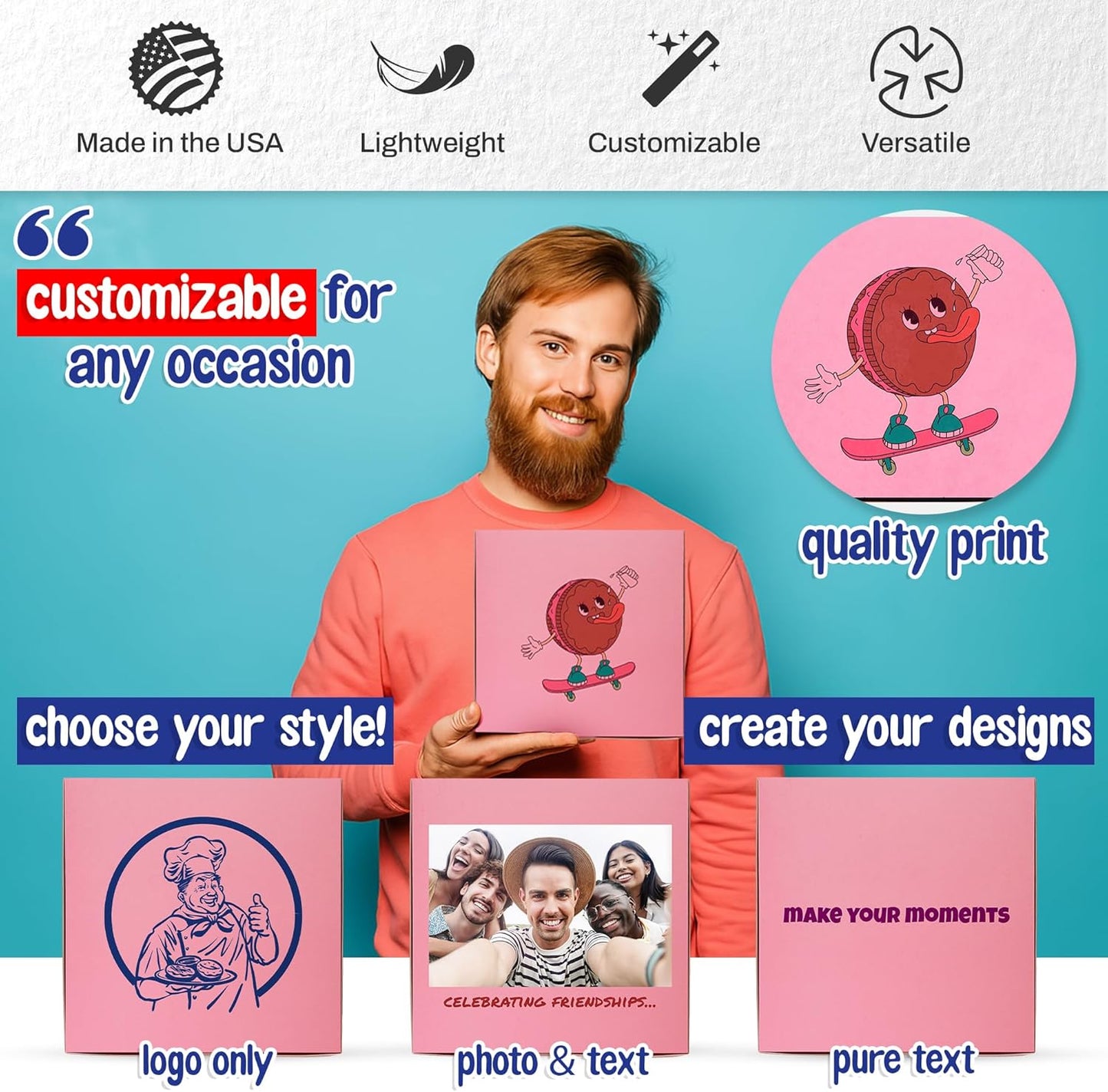 MT Products Custom Printed Pink Cupcake Boxes 8" x 8" x 3" - Personalized Disposable Bakery Boxes