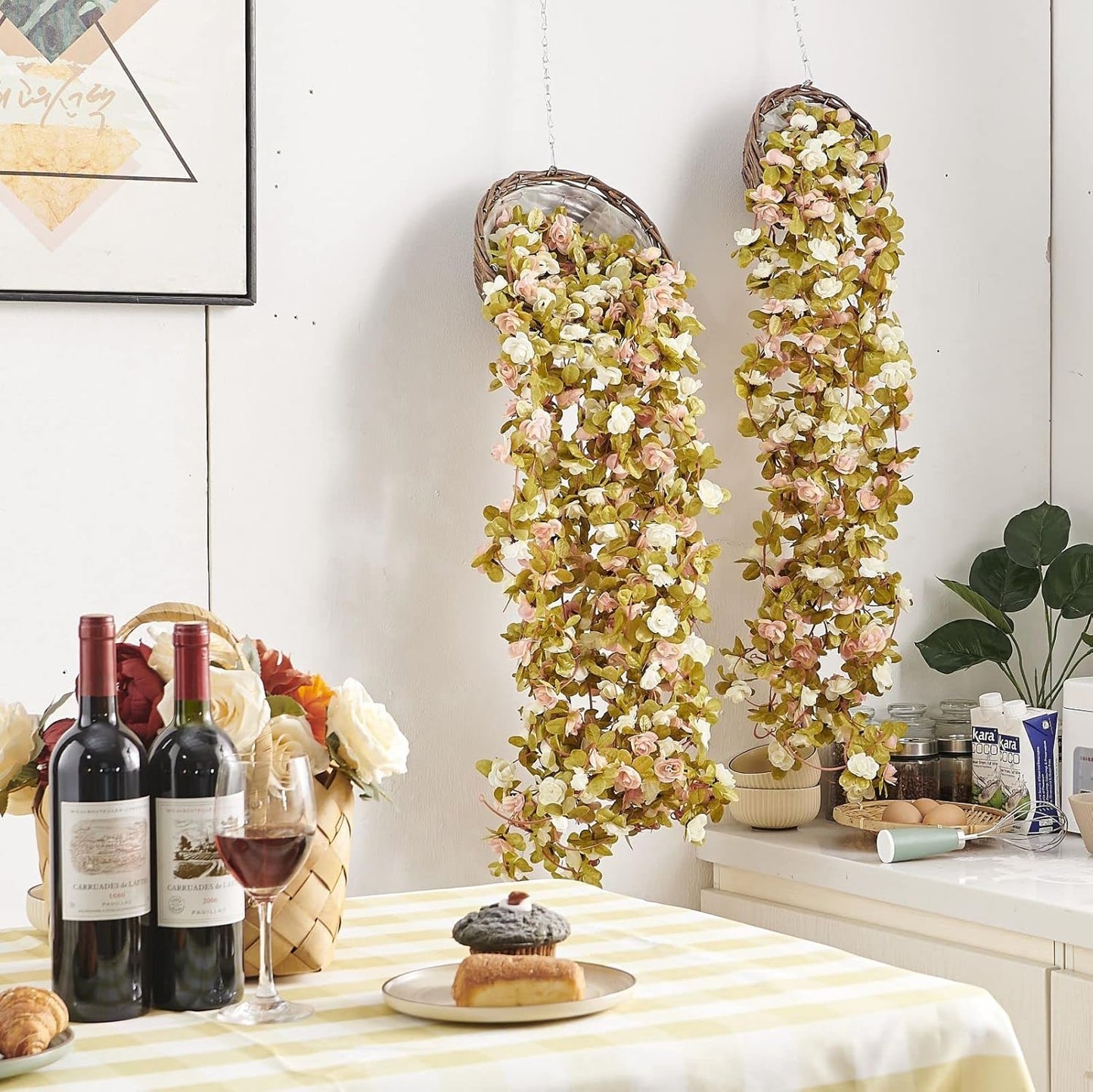 8 Pcs x 8.2 ft Flower Garland Artificial Rose Vine Flowers with Green Leaves Hanging Fake Roses Vine for Room Party Home Wedding Birthday Christmas Wall Arch Decor, Pink White Flower