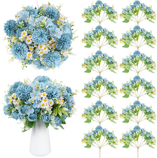 12 Bundles Artificial Flowers Blue Fake Rose Flower Mixed Chrysanthemum Hydrangea Flower Arrangements for DIY Wedding Table Centerpieces Party Baby Shower Home Decorations