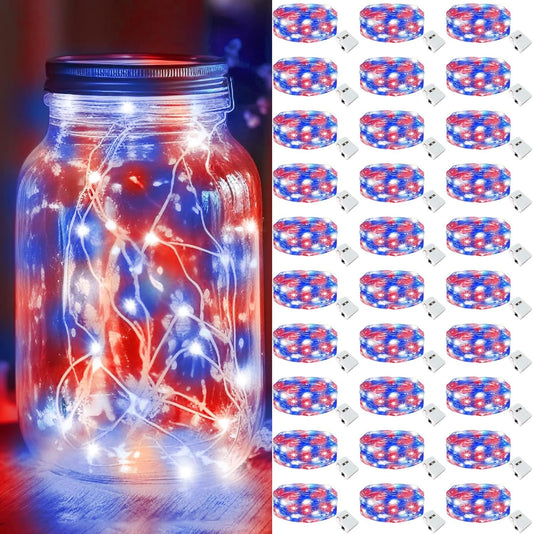kolpop 30 Pack 4th of July Decor Patriotic Fairy Lights Battery Operated with 3 Modes, Red White Blue Twinkle String Lights Waterproof for Mason Jars Party