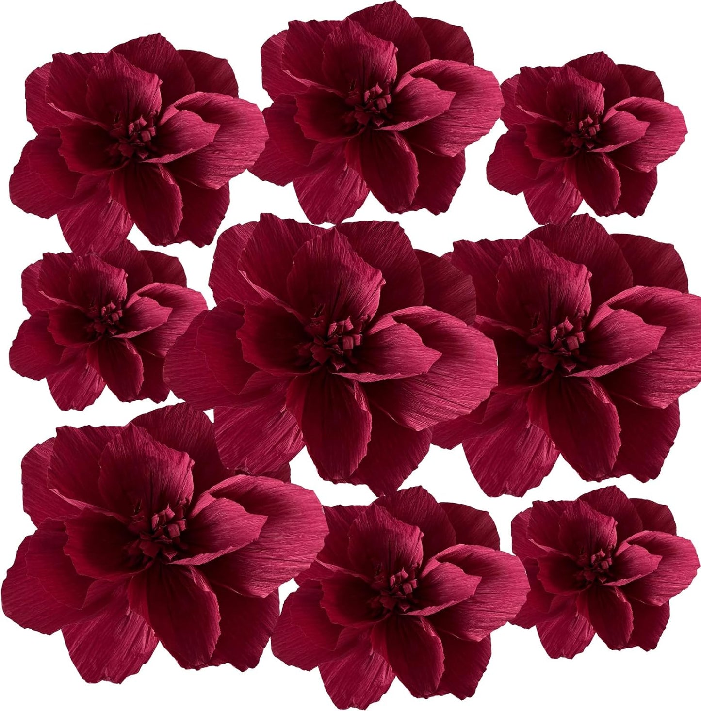 BRT Bearingshui Crepe Paper Flowers Decoration for Wall Total 9 Pcs, Artificial Flowers for Wedding Decor,Flower Backdrop Decor, Baby Bridal Shower Birthday Party, Burgundy 3D Wall Flowers Decor