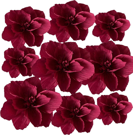 BRT Bearingshui Crepe Paper Flowers Decoration for Wall Total 9 Pcs, Artificial Flowers for Wedding Decor,Flower Backdrop Decor, Baby Bridal Shower Birthday Party, Burgundy 3D Wall Flowers Decor