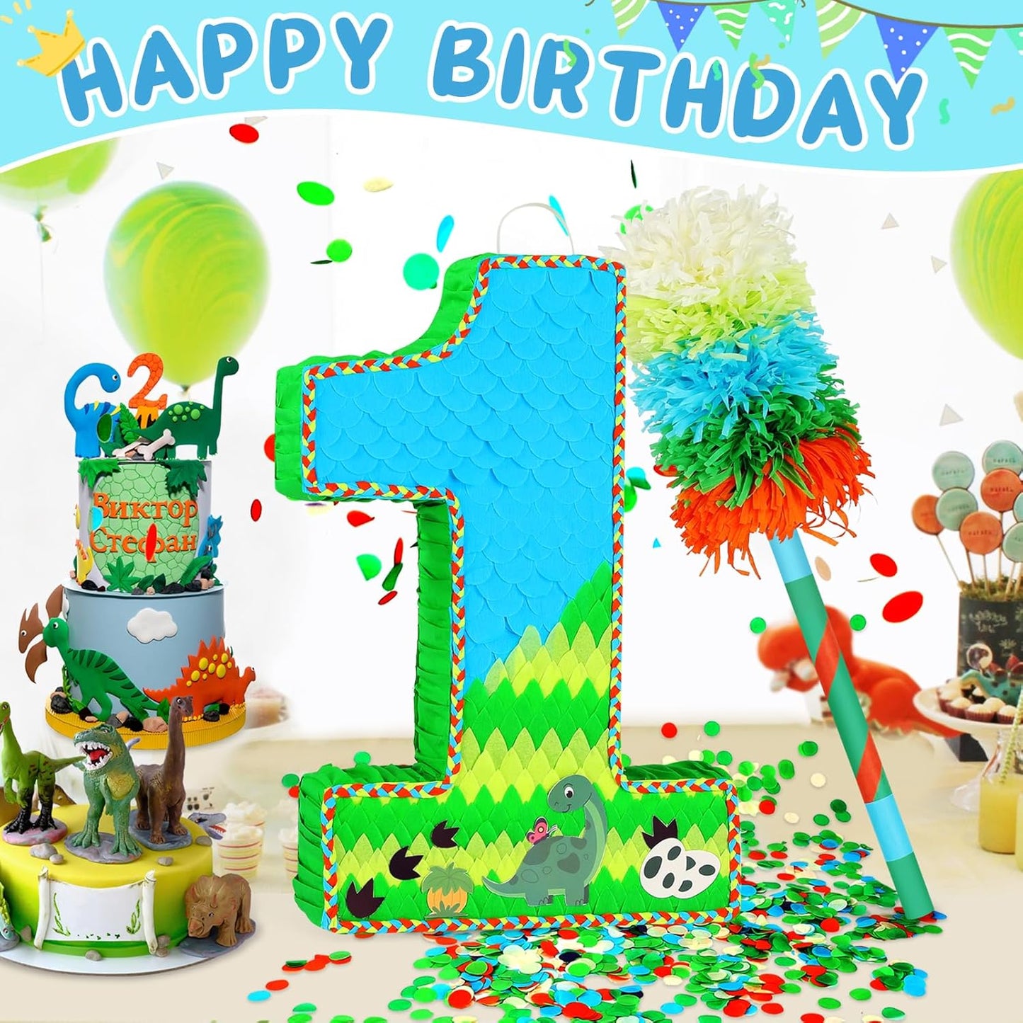 Number 1 Pinata for Birthday Party Decorations, Jungle Dinosaur Piñata Games Toy (1th)