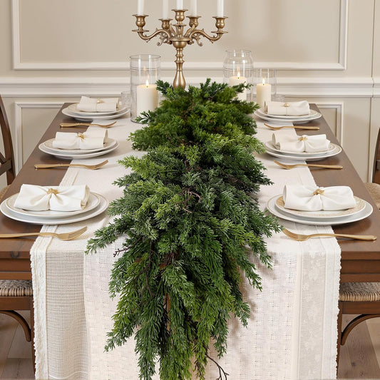 12FT Artificial Christmas Garland, Real Touch Greenery Cypress Pine Garland for Mantle Table Railing Fireplace Indoor & Outdoor Christmas Decoration