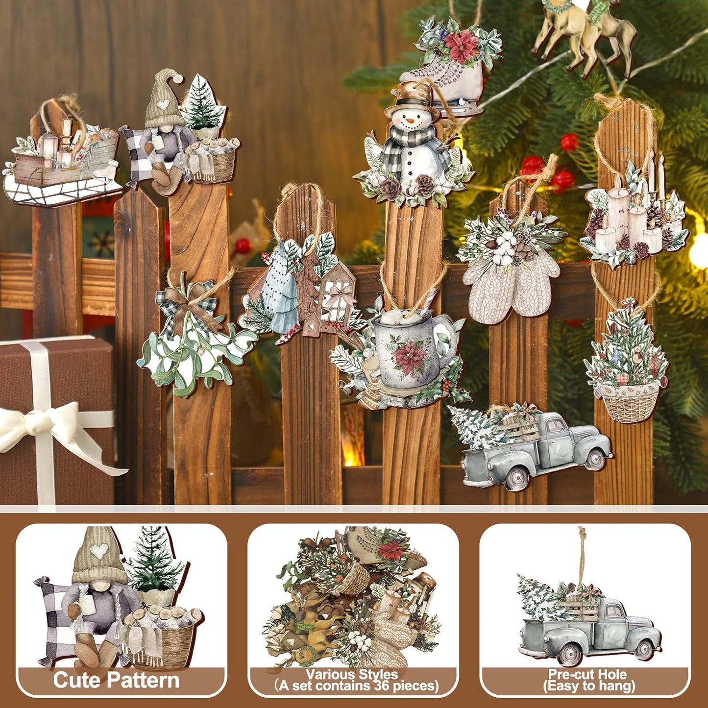 Suzile 36 Pcs Christmas Wooden Ornaments Vintage Christmas Tree Ornaments Xmas Decorations for Tree Wreaths Xmas Hanging Wood Cutouts Decor for Home Winter Party