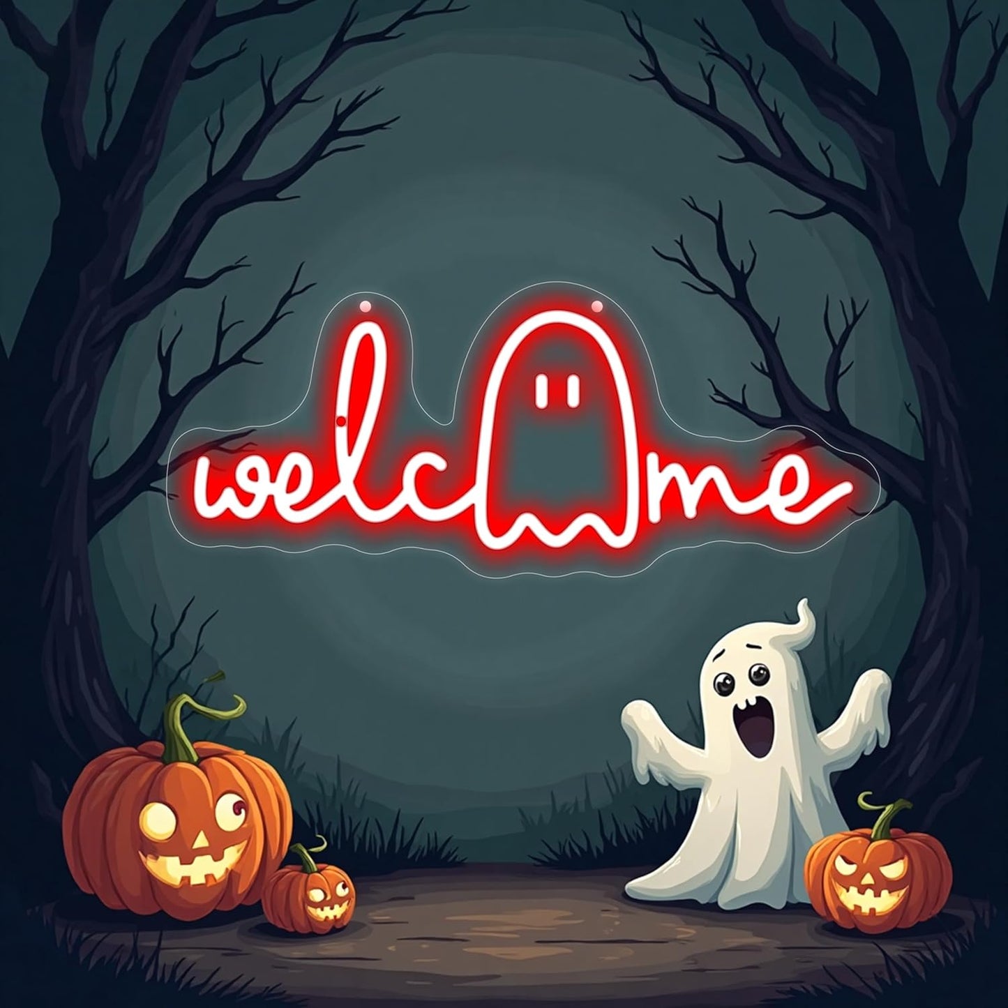 Halloween Welcome Ghouls Neon Sign, Spooky Ghost LED Halloween Decor, Haunted House Entryway Light, Available Gothic Haunted Mansion Light for Bedroom Bar Cave Room Decor Party Home-Red