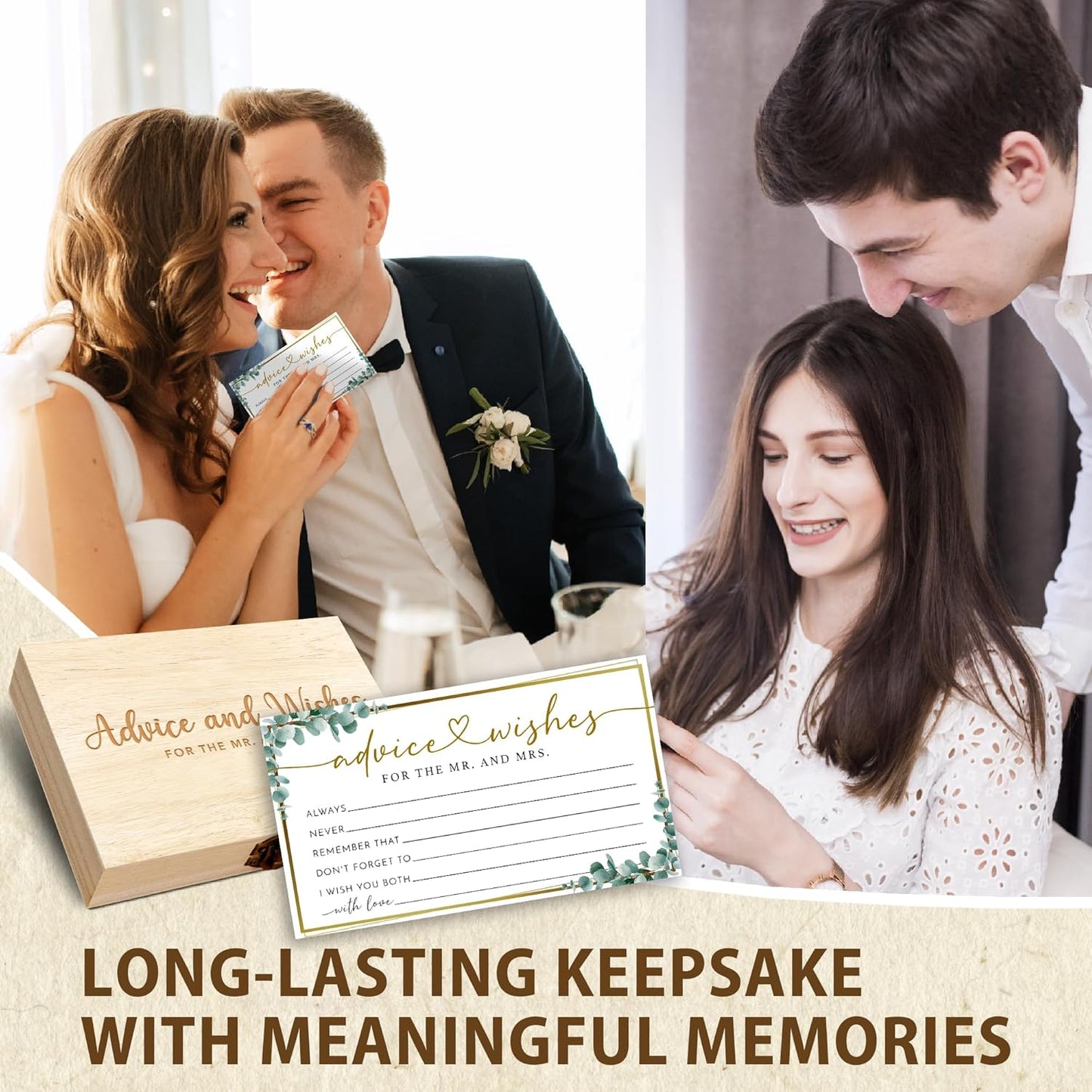 Eucalyptus Advice and Wishes for the Mr and Mrs - 50 Packs Wedding Advice Cards Bridal Shower Game Cards with Box Reception Guest Book for Bride Groom Newlywed Engagement Party Decoration -A10