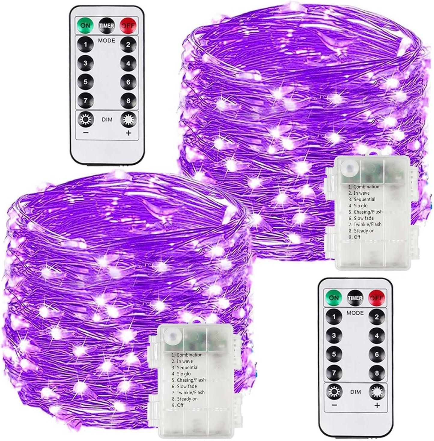 2 Pack 100LED Battery Operated Fairy Lights with Remote, 8 Modes LED String Lights with Timer, Dimmable, Memory Function, Waterproof Twinkle Lights for Outdoor Indoor Christmas Decor(Purple)
