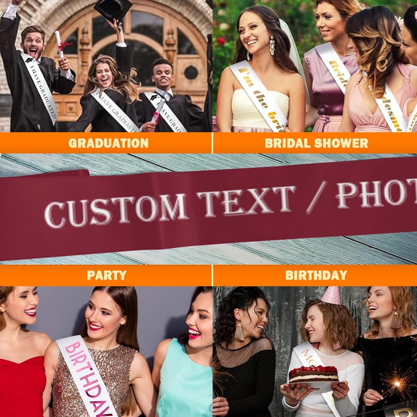 Custom Sash,Personalized Birthday Sash with Text Photo,Customized Bachelorette Sash Quote Sash Bride to Be Sash Color Optional (No decorative edge, Maroon)
